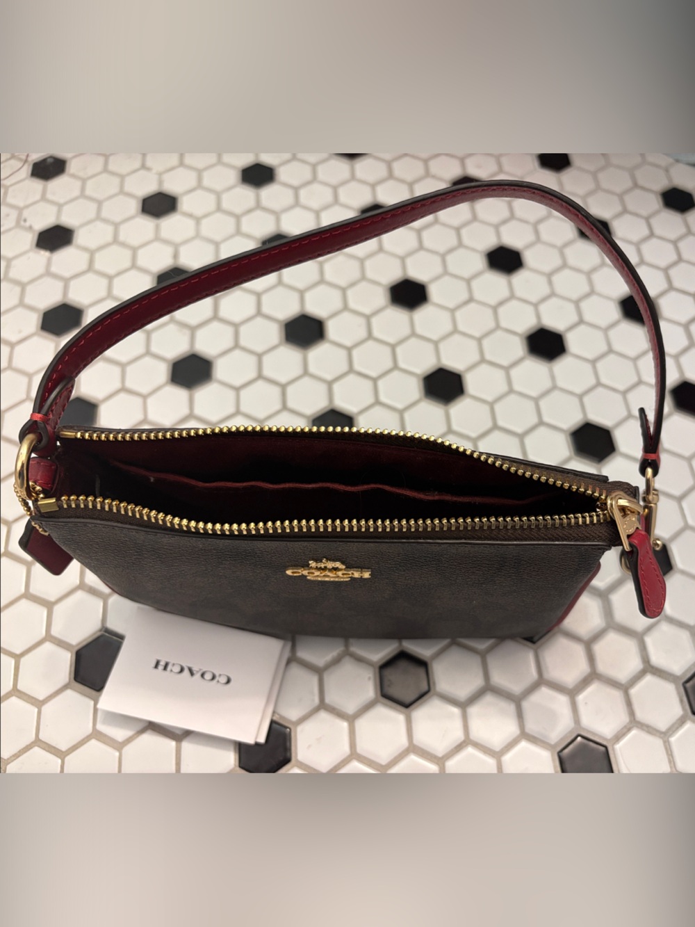 COACH Brown Signature Wristlet with Red Trim and Strap - Picture 4 of 7